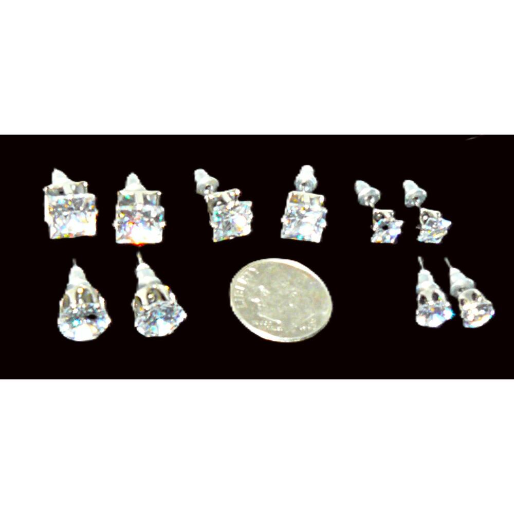 5 pairs Rhinestone Stud Earrings Lot - Round & Square Crystal Posts 5-8 mm Vtg